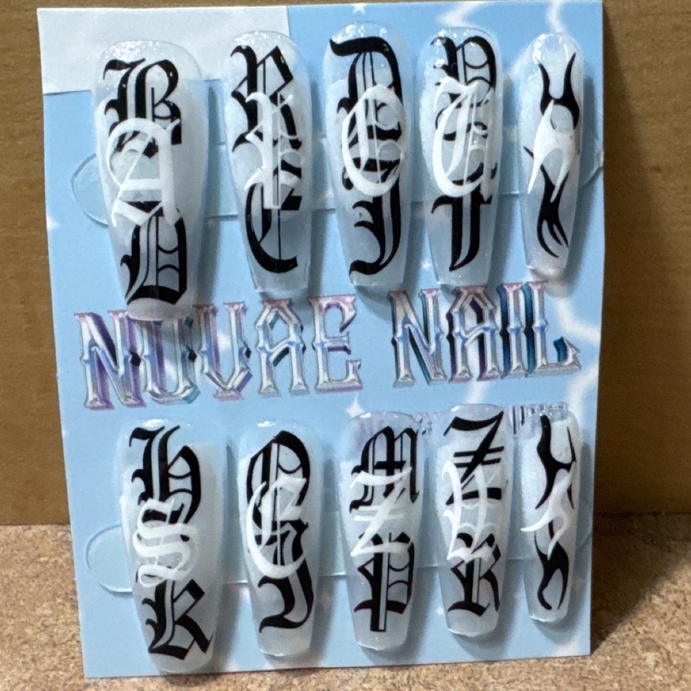 Gothic‎ Old English Press On Nails Long Coffin White Black Tribal Y2K